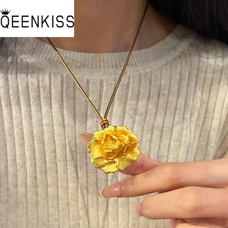 QEENKISS 24KT الذهب خمر زهرة الفاوانيا قلادة المعلقات للنساء حفل زفاف عيد الميلاد عيد الميلاد العروس الأم الهدايا PT5214 #1