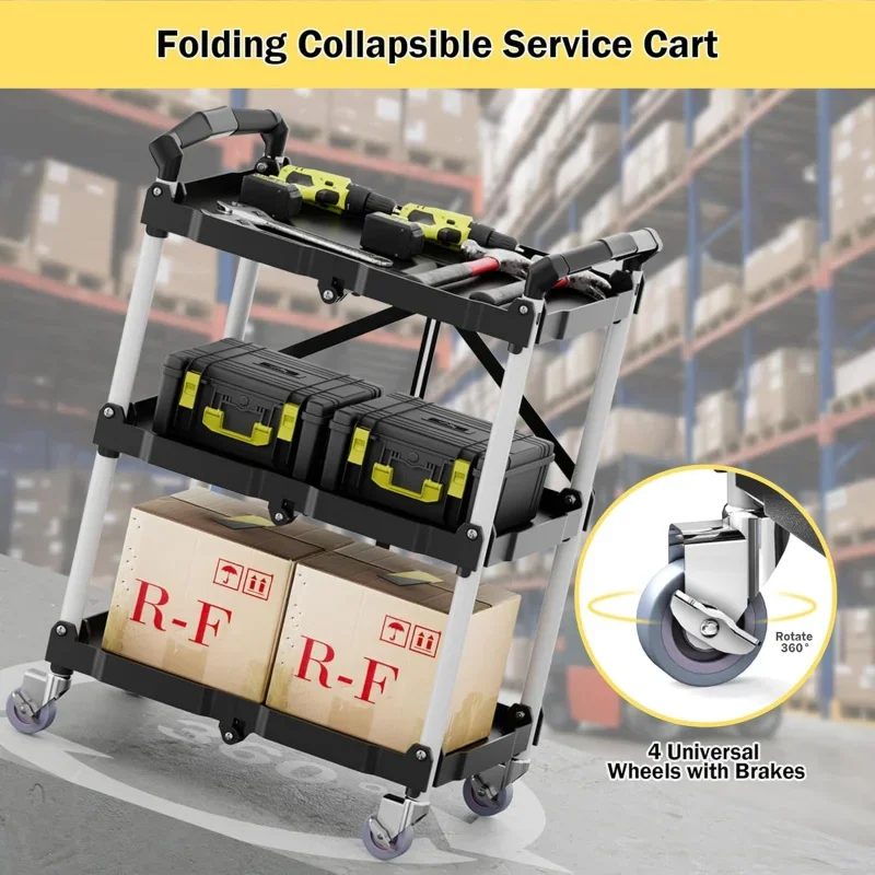 Folding Utility Carts with Wheels, Foldable Service , Mobile Collapsible Rolling Free 2 Spare Brake , Fol