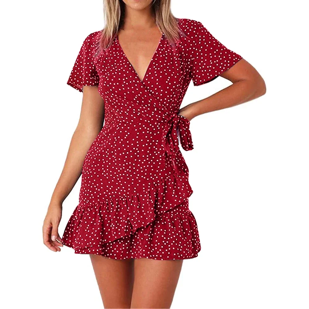 2024 New Women Girls Polka Dot Print Mini Dress Sexy V Neck Ruffles Dresses With Belt Tied-Up Mommy and Me Clothes Holiday Wear