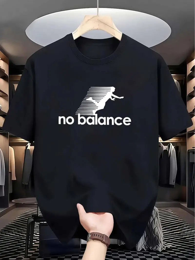 Men's No Balance Funny Fallen Figure Letter Print T-Shirt, Summer Quick-Dry Breathable Loose Fit Crew Neck Casual Daily Top