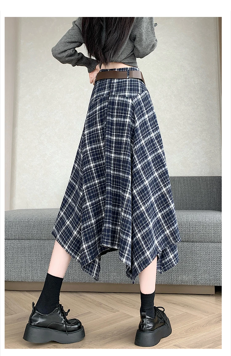 SALIENCY Vintage Plaid Midi Skirt Women Y2K Harajuku Belt Skirts Winter Grunge Korean High Waist A Line Irregular Skirt