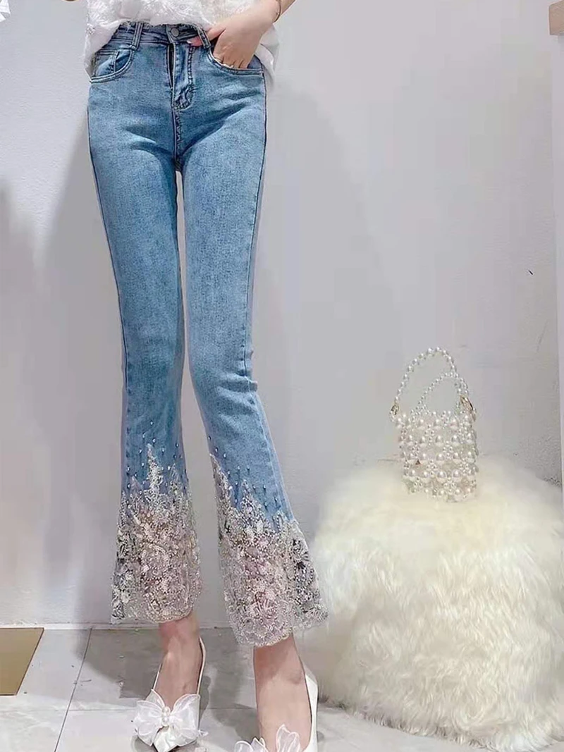 Court Style Heavy Industry Beads Jeans Women Spring Summer 2024 New Cotton Sweet Flared Pants Stretch Slim High Waist Jeans