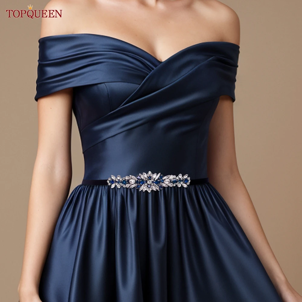 TOPQUEEN Bridal Wedding Belt with Navy Blue Diamante Waistband Suitable for Women's Party Evening Event Dresses Sash S160-ML