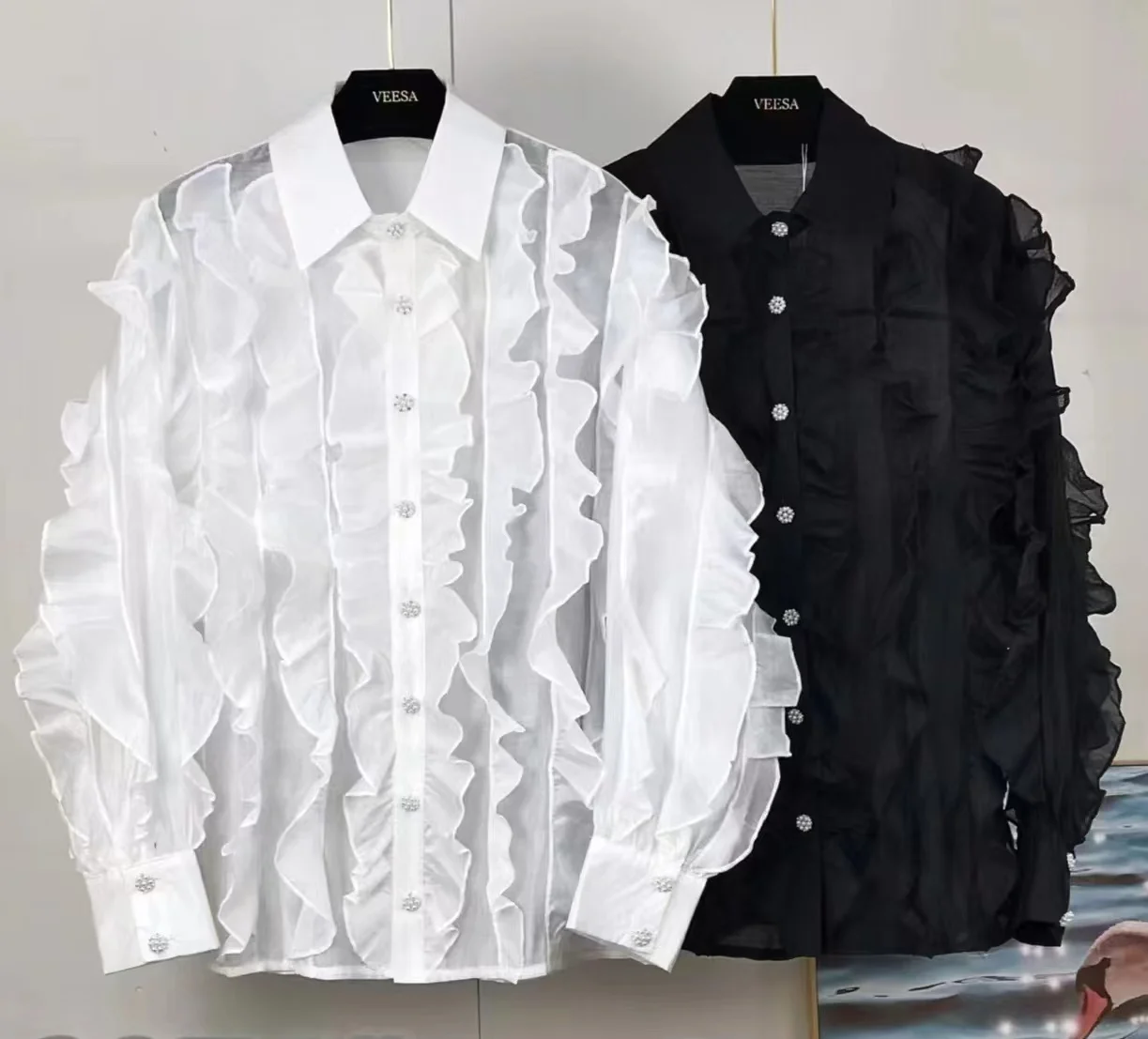 Luxury Diamonds Buttons Ruffles White Chiffon Women\'s Blouses Shirts Top Office Lady Lantern Sleeve Elegant Shirt Blusas Femmale