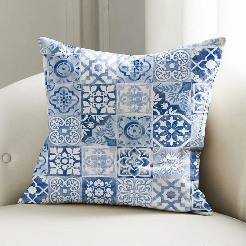 

Blue White Tile Pattern Pillow Cover, Vintage Floral Print Cushion Case, Boho Sofa Bedroom Decor Accent Pillow