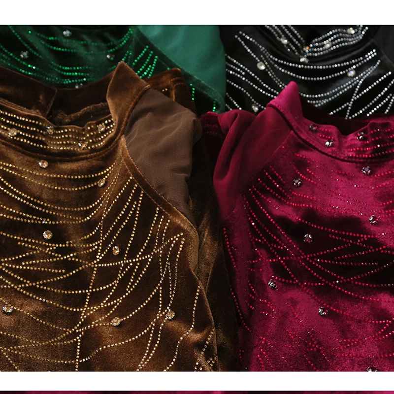 MadBlack-Women European Velvet T-Shirt, Sexy Turtleneck Diamond, Fashion Long Sleeve Slim S-3XL Knit Tee, 2025 Autumn T5N408CC