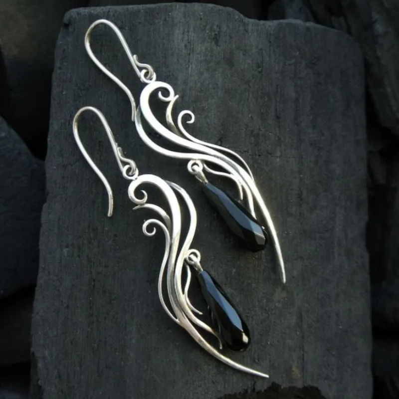 Vintage Black Synthetic Zirconia Irregular Silvery Drop Earrings Women Elegant Temperament Banquet Festival Jewelry Accessories
