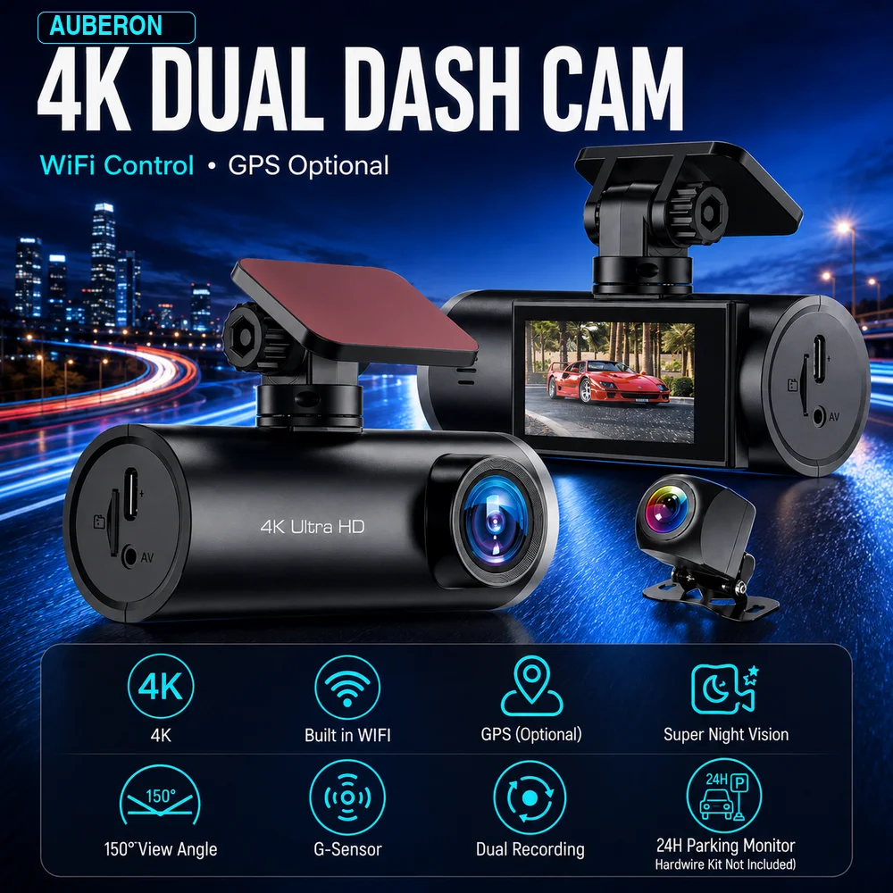 Cámara para Auto AUBERON 4K con Doble Lente, 4K Frontal + 1080P Trasera, WiFi, Visión Nocturna, Sensor G, Grabación en Bucle, DVR para Vehículos