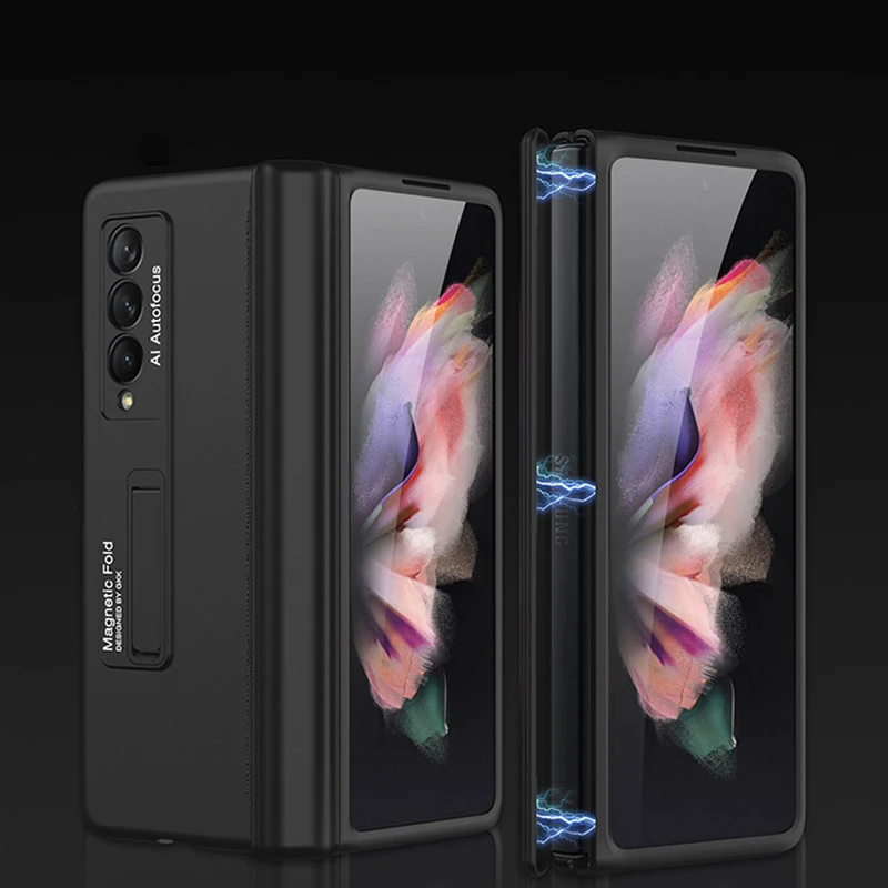 Caixa de plástico com moldura magnética para Samsung, suporte incluído, capa dura, Galaxy Z Fold 2, 3, 4, 5, 5G, novo