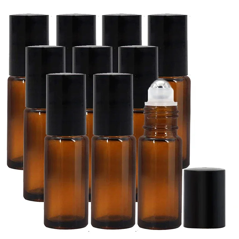 10pcs Amber Glass Roll on Bottle with Metal Ball Thin Glass Roller Empty Essential Oil Perfume Aromatherapy Bottles Container