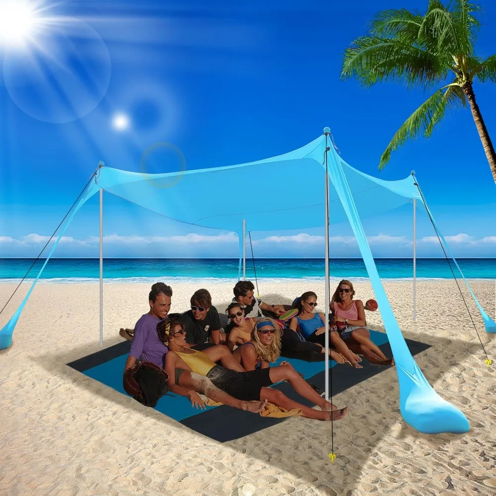 Family Beach Tent Canopy Sun Shade, Pop Up Grande Beach Tent Sun Shelter Stability 4 Poles with Portable Carry Bag Outdoor