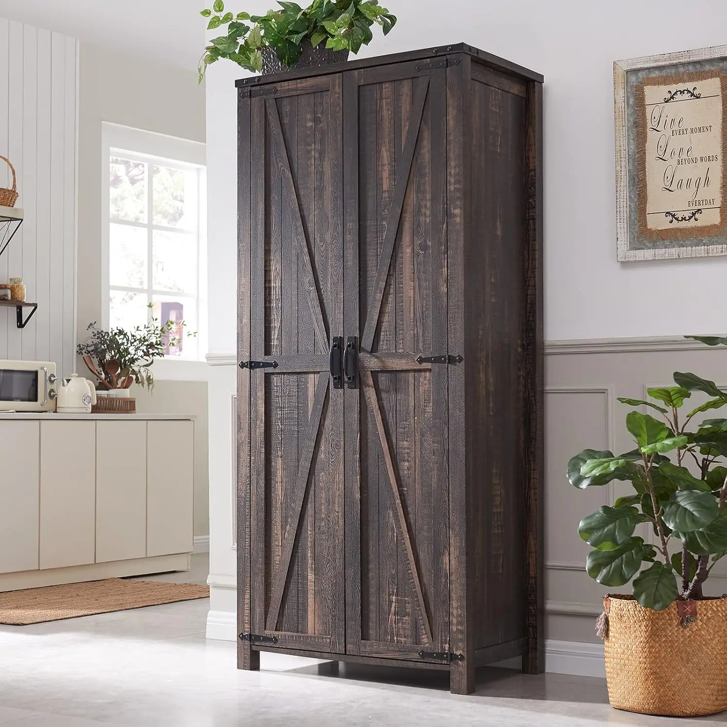 OKD Storage Cabinet, 32'' Farmhouse Armoire w/Adjustable Shelves, Rustic Pantry w/2 Barn Doors & Hanging Rod, Versatile