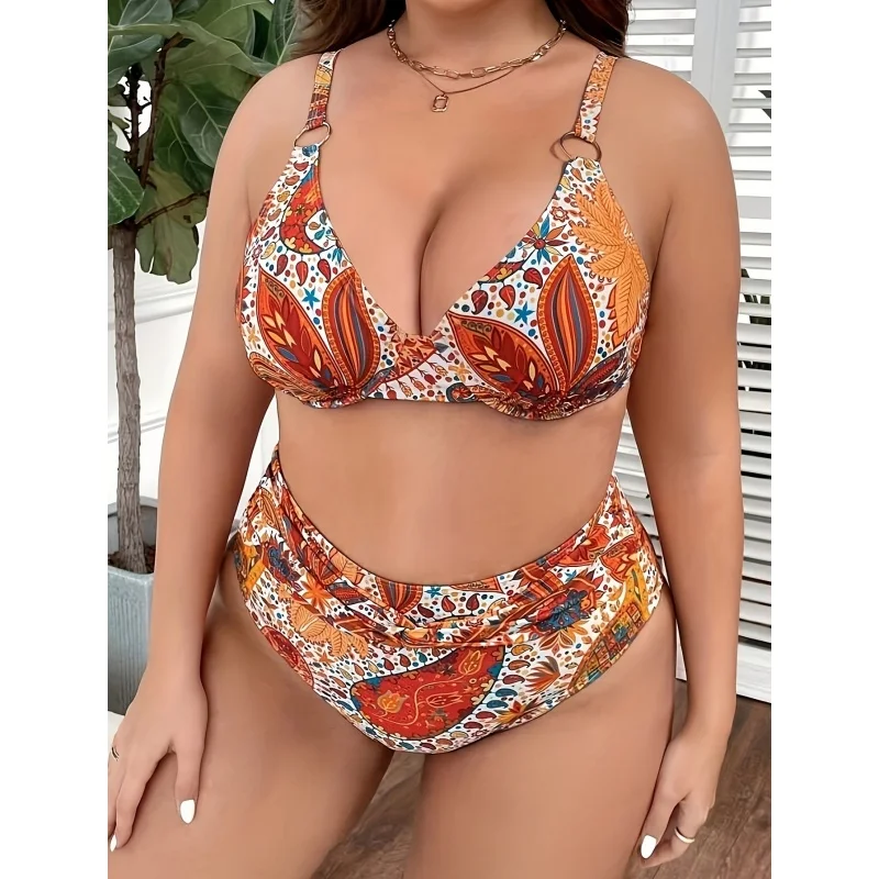 2024 Women\'s Plus Size High Waist Bikini Set Push Up Swimsuit Ruched Tummy Control Female Swimwear Two-Piece Swim Bath Suits