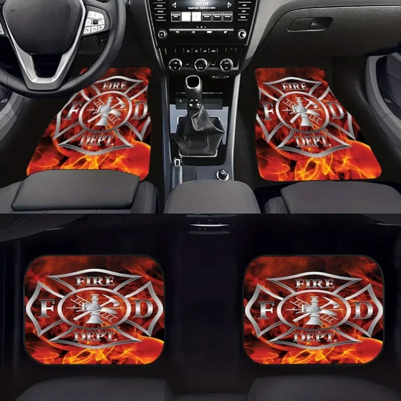 Juego de cuatro alfombrillas para coche con diseño de llama, hecho de material universal de terciopelo de cristal que es antideslizante y largo