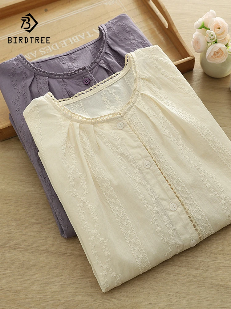 

New 2025 Summer Cotton Half Sleeve Shirt, Women O Neck Embroidery, Mori Girl Versatile Simplicity Commute Loose Blouse T56618CC