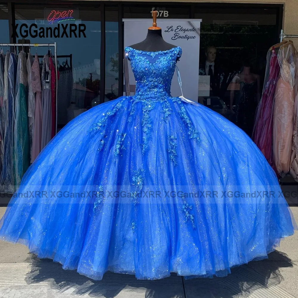 Dalam Mode Gaun Quinceanrea Biru Gaun Bola 2023 Pakaian Pesta Prom Renda Applique Manik-manik Panjang Manis 15 16 Kontes Ulang Tahun Nona