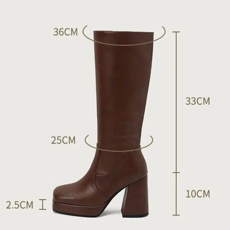 ORCHA LISA Botas de montar hasta la rodilla para mujer sexy Punta cuadrada Tacón de bloque de 10 cm Plataforma de 2,5 cm Cremallera Tallas grandes 41-43 Fiesta de citas