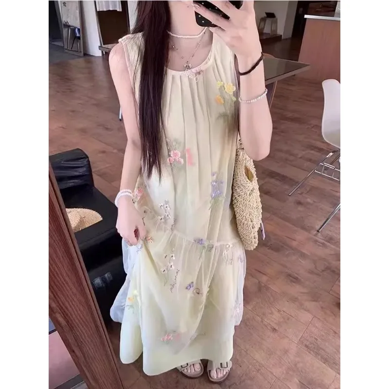 Women Casual Sleeveless Floral Embroidery Mesh Dress Summer Sheer Layering Sun Protection Cover Up Maxi Dress
