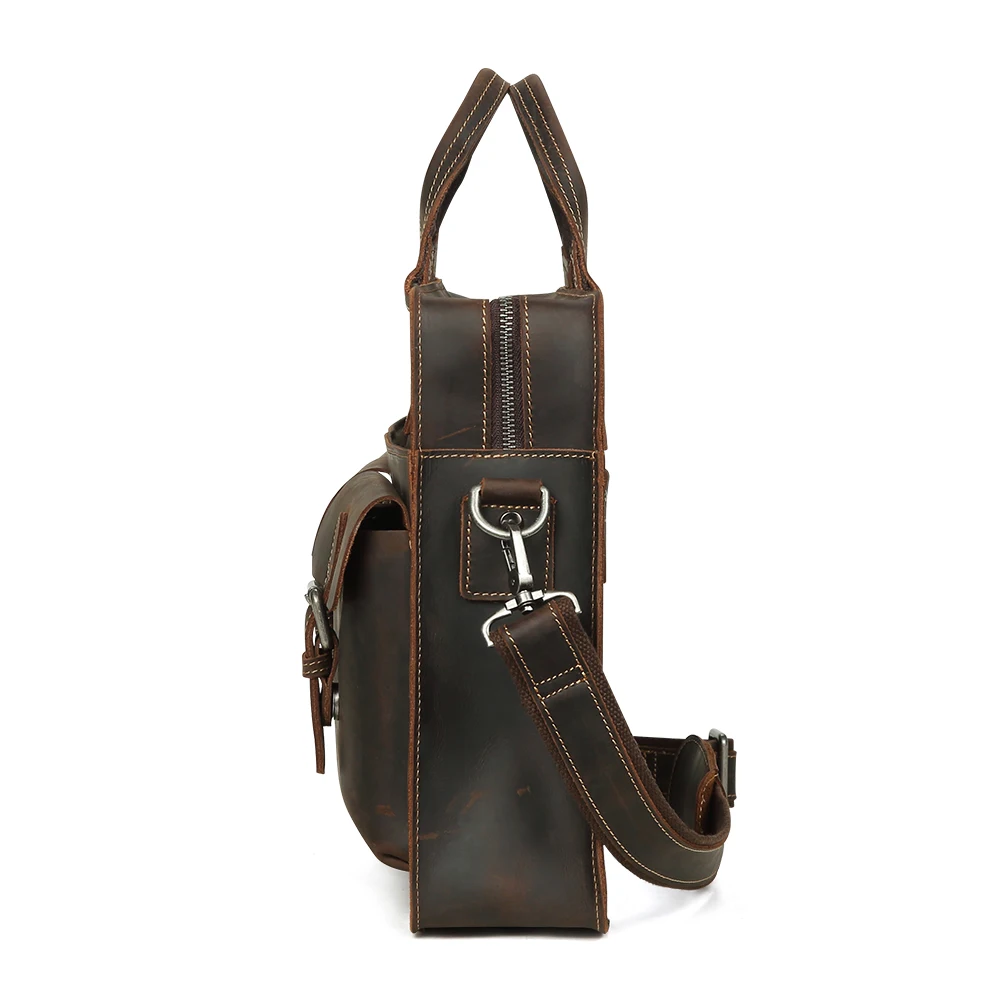 Crazy Horse Men\'s Handheld Briefcase Multi functional Shoulder Bag Men Genuine Leather Bag 15.6-inch Business Computer Bag
