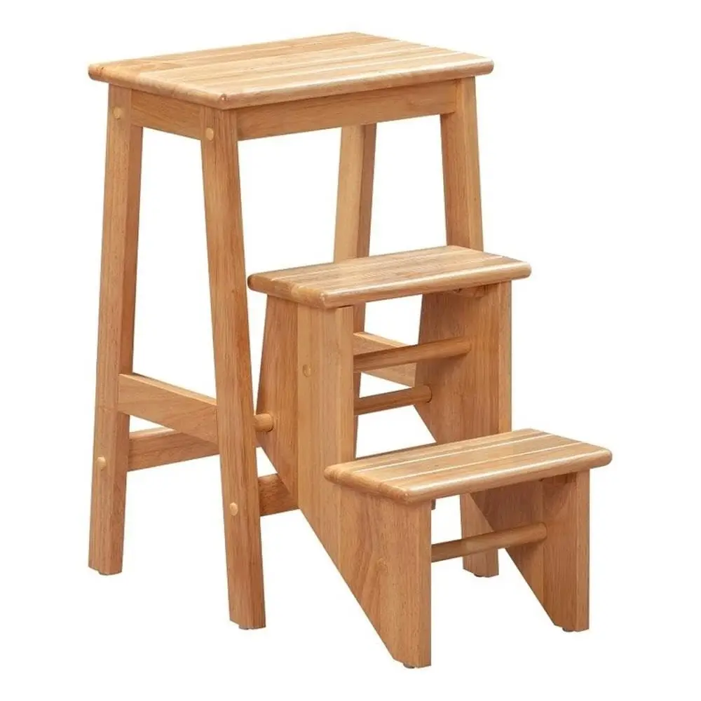 

Folding Wood Step Stool, 16 W x 24.5 H x 22.5 D, Natural Finish, Solid Rubberwood, 3Step Design, Safety Latch, Protective Floor