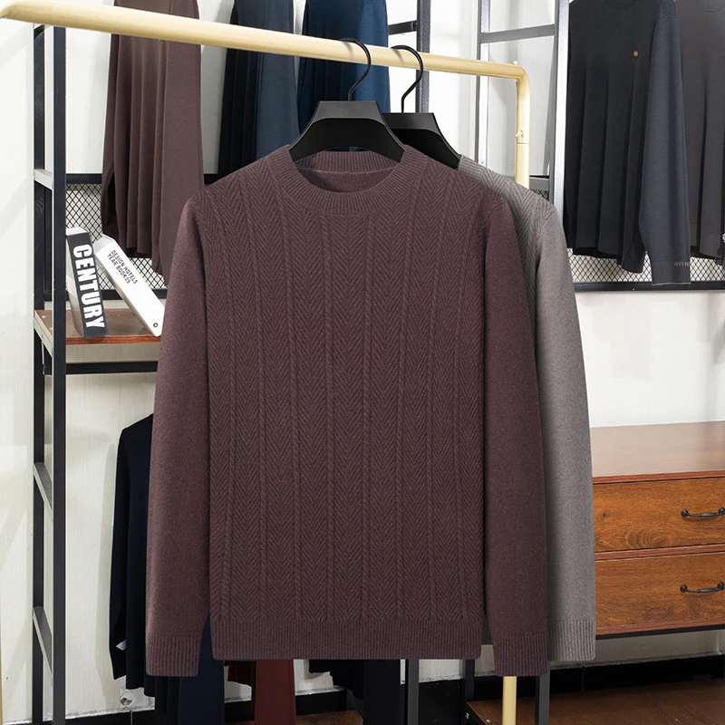 100% Wool Men's Thickened Sweater Crew Neck Knitted Pullover Long Sleeve Herringbone Pattern Autumn Winter Warm Classic Casual