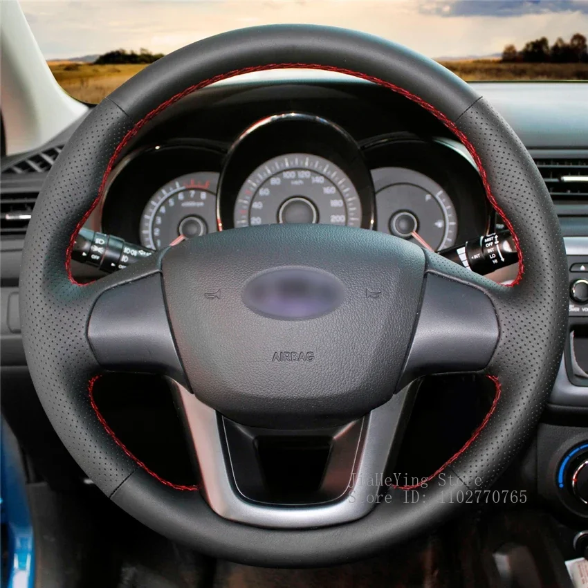 

Hand-Stitched Non-slip Durable Black Leather Steering Wheel Cover Wrap for Kia K2 Kia Rio 2011 2012 2013 Interior Accessories