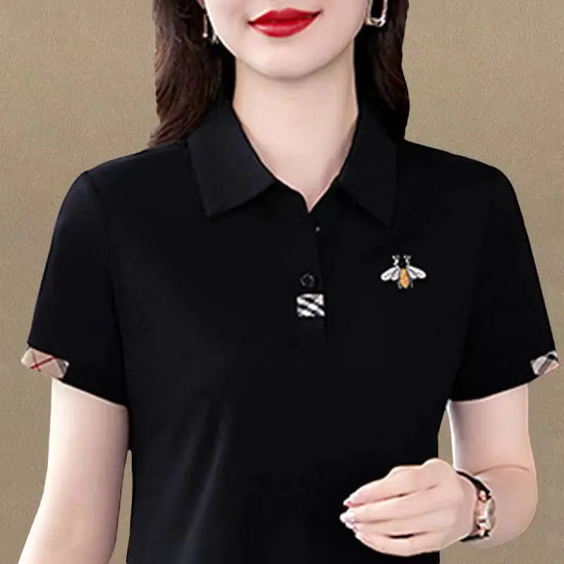 Lapel Cotton Tops Casual Short Sleeve T-shirt Women's Summer 2023 New Polo Shirt High Quality Female Black Red Slimming T-shirts