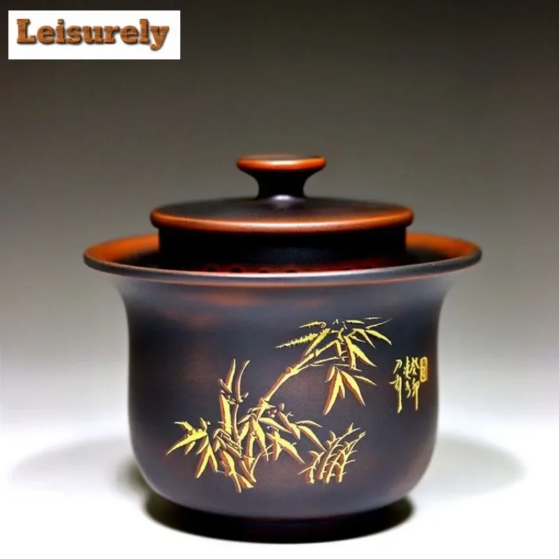 

180ml Qinzhou Nixing Pottery Handheld Cover Bowl Masters Handmade Bamboo Gaiwan Portable Chinese Tea Maker Pot Kung Fu Teaset