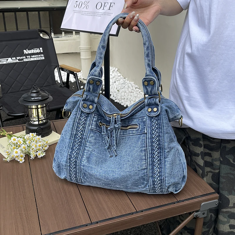 Fashion Women's Vintage Washed Denim Tote Bag with Braided Trim and Front Pocket Large Capacity Casual Shoulder Purse for Travel