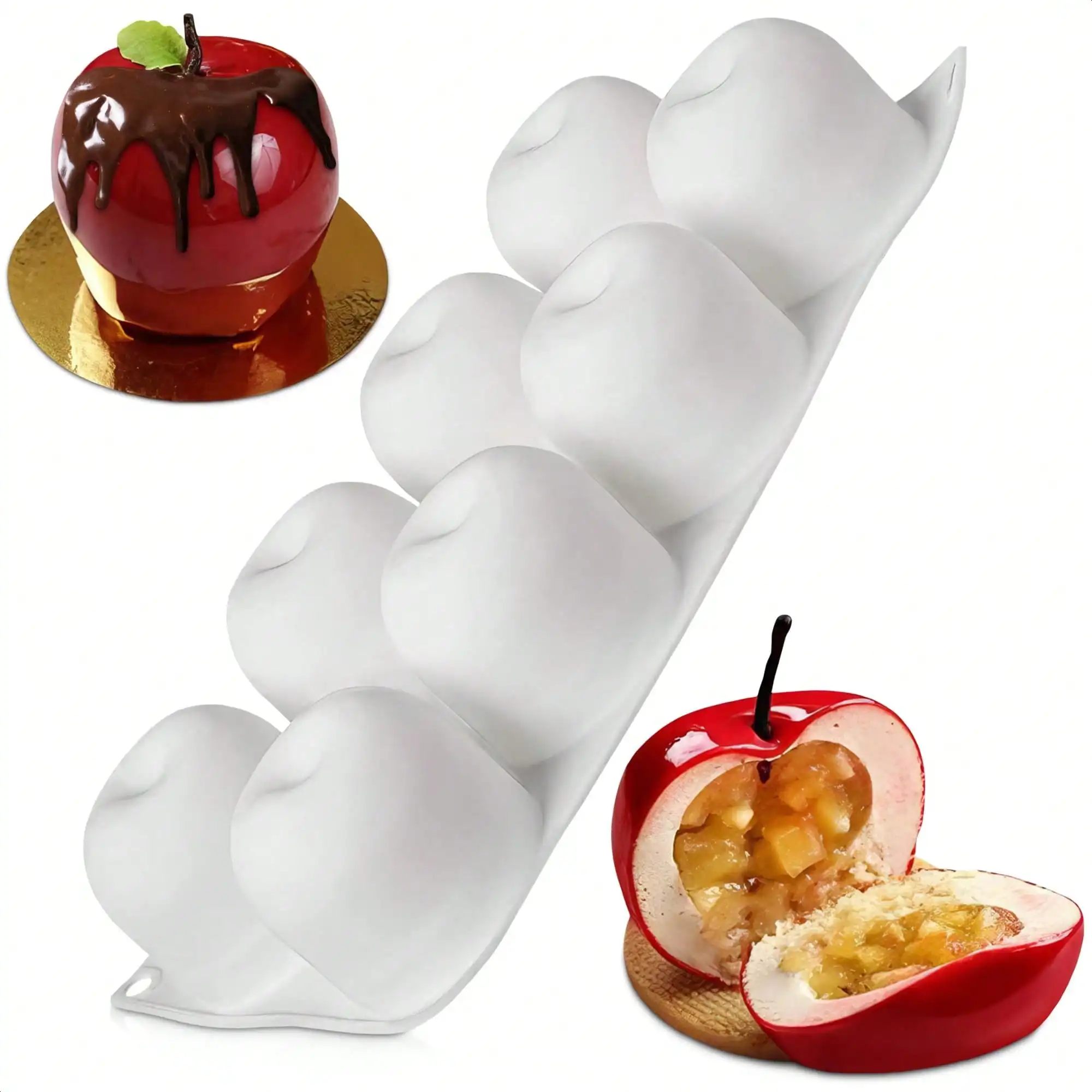 8 Cavity Apple Shaped Silicone Dessert Mold, Food Grade Non-Stick Mould for Mousse Cakes, Chocolate and Pastry Making, Chocolate