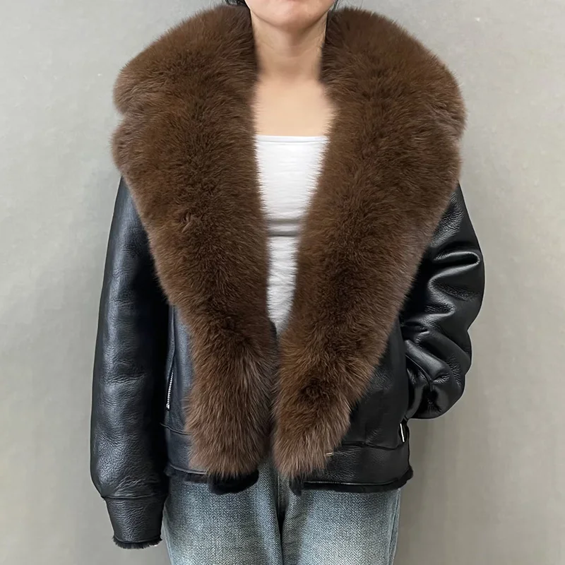 

2023 Winter Luxury Fashion Genuine Sheepskin Leather Jacket Fox Fur Collar Lady Coats Moto NZ5574