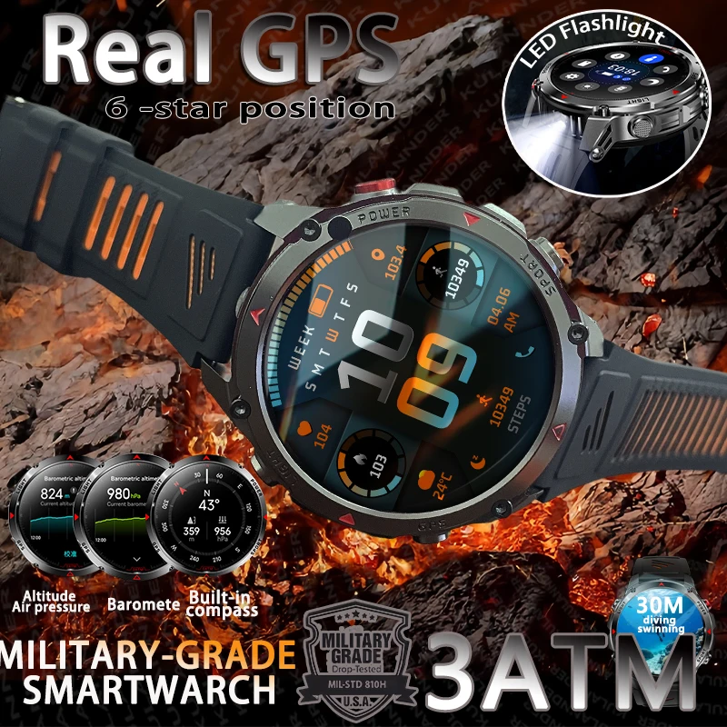 

2025 New Military Grade GPS Smart Watch Flashlight Altimeter 3ATM Waterproof 540mAh Battery Bluetooth Call Men T-REX3 Smartwatch