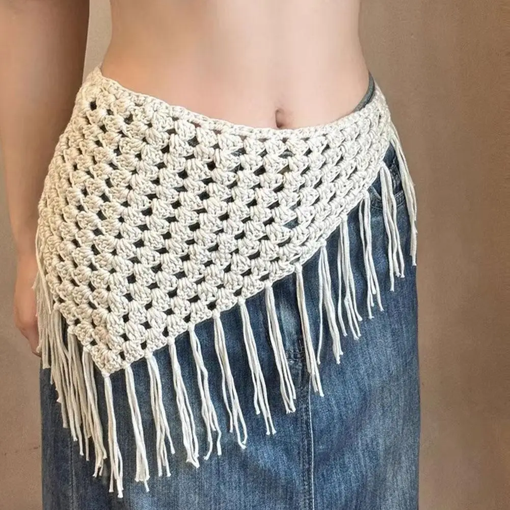 Retro Crochet Tassel Fringe Triangle Hair Scarf Women Girls Hip Scarf Tie-UP Aesthetic Apron Skirts Hollow Out Triangle Scarf ﻿