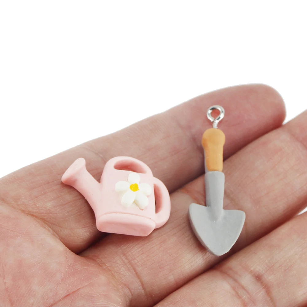 10pcs/lot Simulation Gardening Tools Charms Resin Watering Can Shovel Pendants for Earring Keychain Diy Jewelry Making Supplies