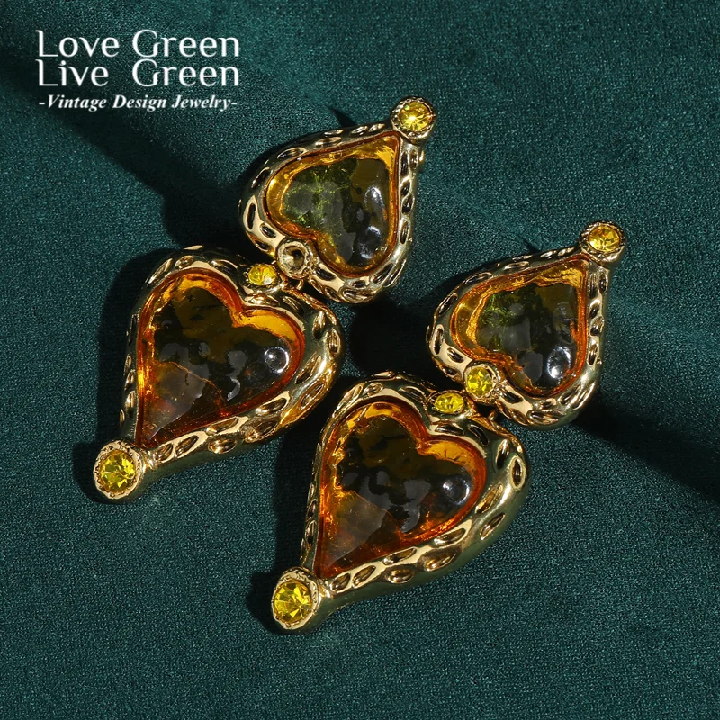 

Vintage Drop Heart Earrings Large Yellow Glass Exaggerated Big Antique Gold Color Woman Accessories Valentine Day Jewelry 2025