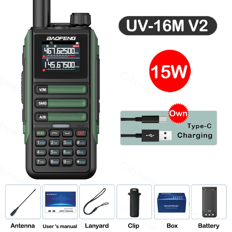 Upgrade Baofeng UV16M V2 Walkie Talkie 15W Hoge capaciteit AM FM 2-weg radio Volledige band LCD 999CH Frequentie Kopie NOAA Ruisonderdrukking