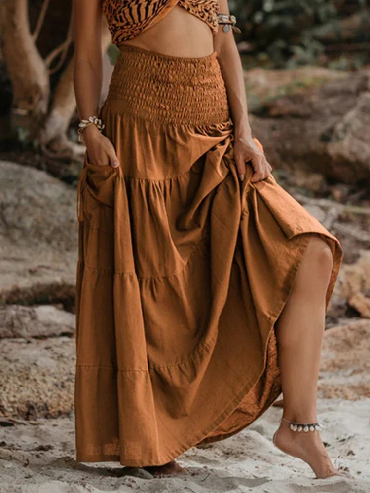 

Long Pleated Skirts For Woman High Waist Large Hem Green Skirt Summer Women's A Line Maxi Skirts For Women 2025 Long bohemian