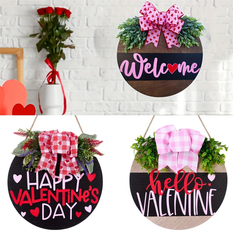 Valentine's Day Welcome Wreath Sign Decorations, Hello Valentine Hanging Sign For Front Door, Valentine's Day Wooden Door Wreath