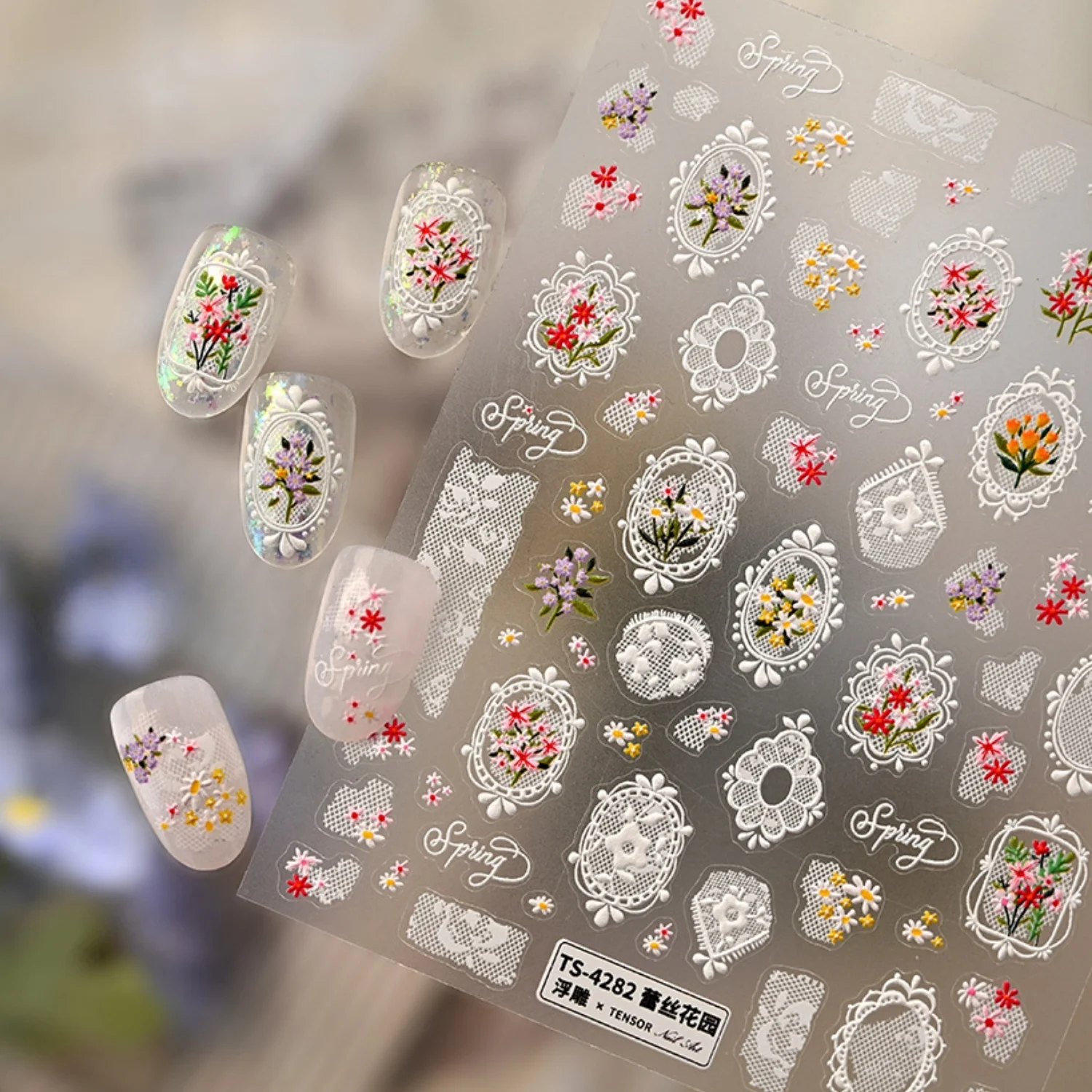 Pegatinas y Calcomanías para Uñas de Encaje 5D, Elegantes, Vintage, Estilo Francés, con Relieve, Marco de Flores de Encaje Blanco y Pequeños Racimos de Flores Silvestres