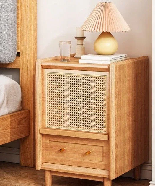 

New Bedside Table Made of Solid Wood Woven with Rattan, Simple and Modern Narrow Cabinet, Storage Cabinet, Small Cabinet