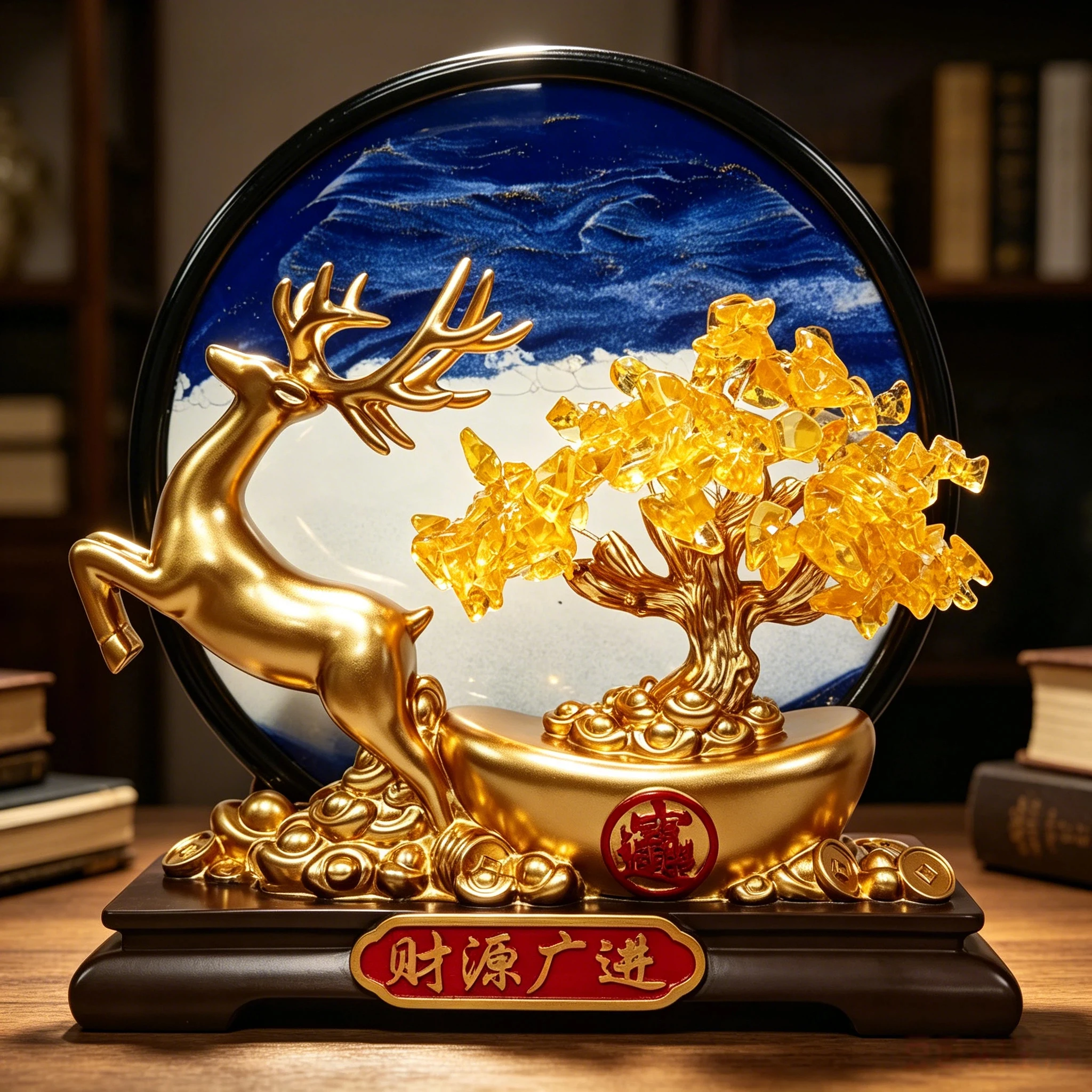 A Deer-Themed Money Tree with Yellow Crystal and Flowing Sand Art, a Decorative Piece for Home Entryways, Tv Cabinets, Wine Cabinets, Study Desks, Office Desks, Conference Rooms, and Reception Areas. It Symbolizes Care