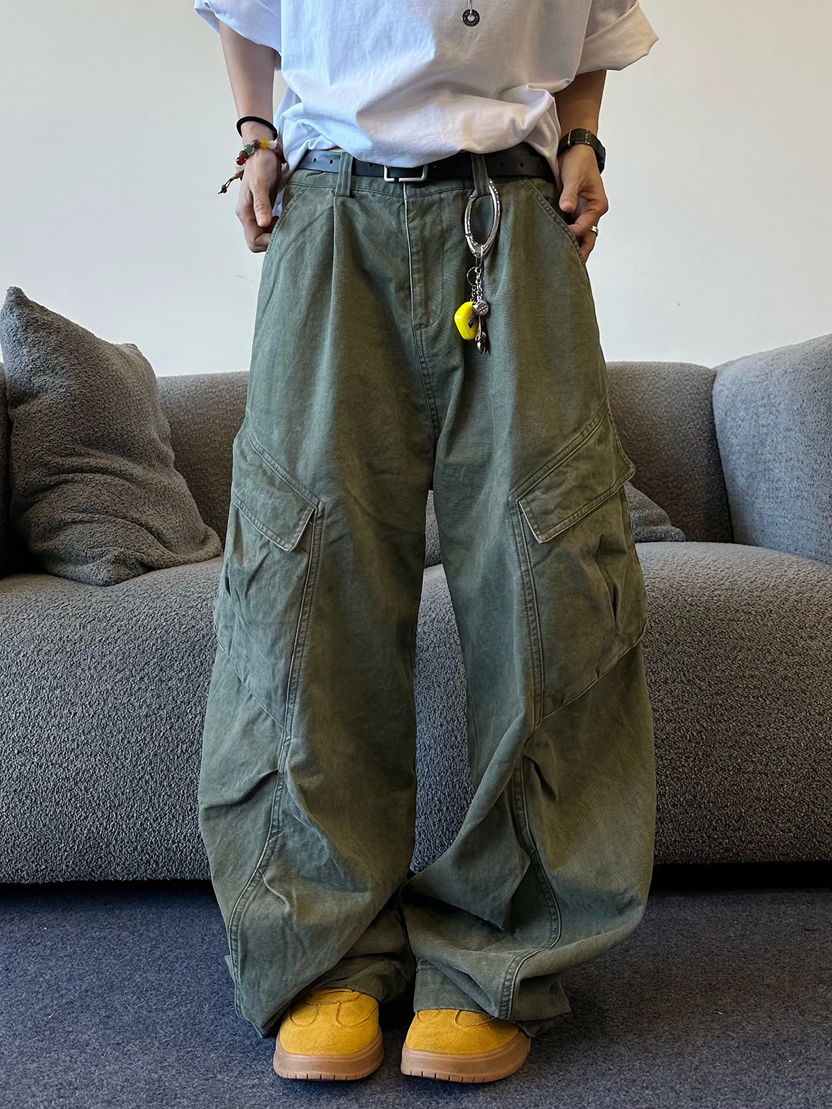 

American Retro Slim Fit Waed Loose Lazy Knife Wide Leg Multiple kets Logging Work Pants Men Floor Length Pants