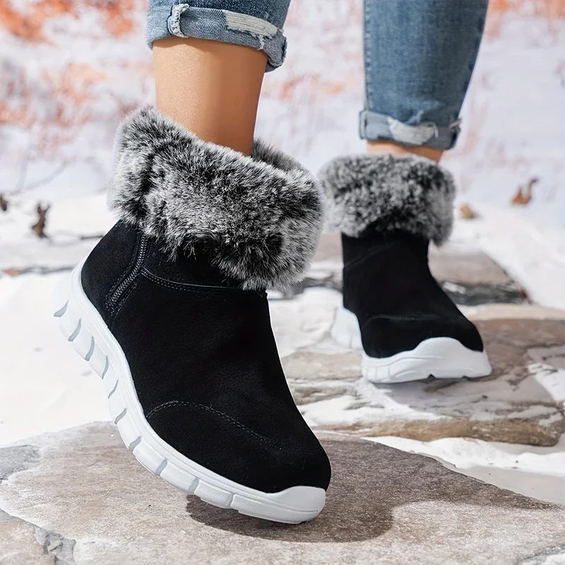 Fur Women Snow Boots ankle Flats Sport Shoes Warm Sneakers Suede Winter New 2024 Walking Casual Short Plush Cotton Shoes Mujer