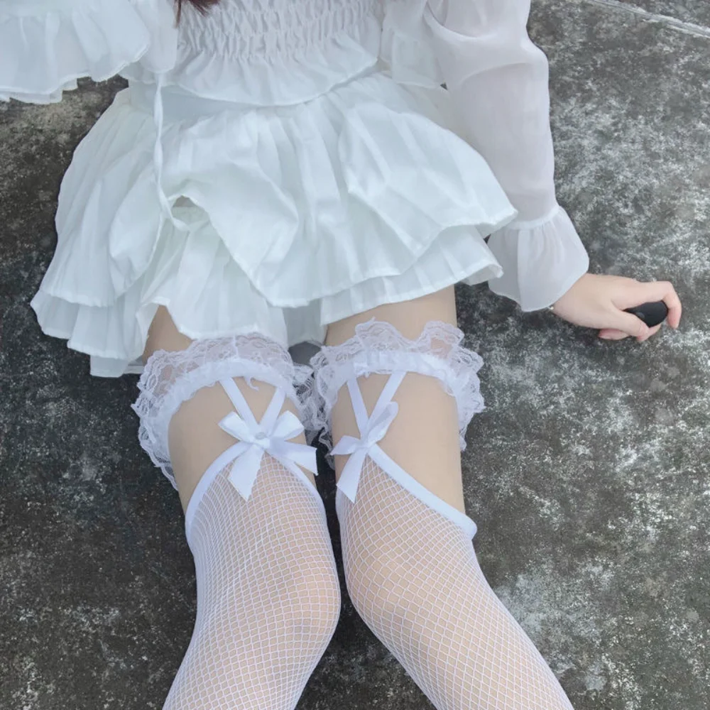 

Japanese Stockings Pure Colour Lace Bowknot Stockings Fishnet Thigh High Stockings Nylon Suspender Knee High Socks For Daily
