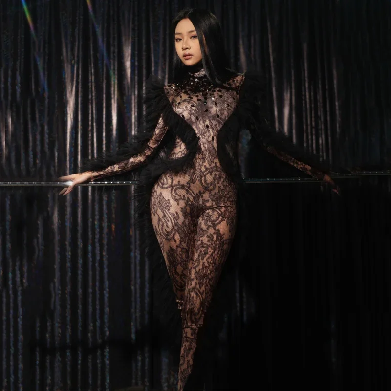 Prospettiva sexy Pole Dance Wear Gogo Costume Donna Party Tuta di pizzo nero Bar Discoteca Dj Ds Stage Solo Rave Outfit XS6217