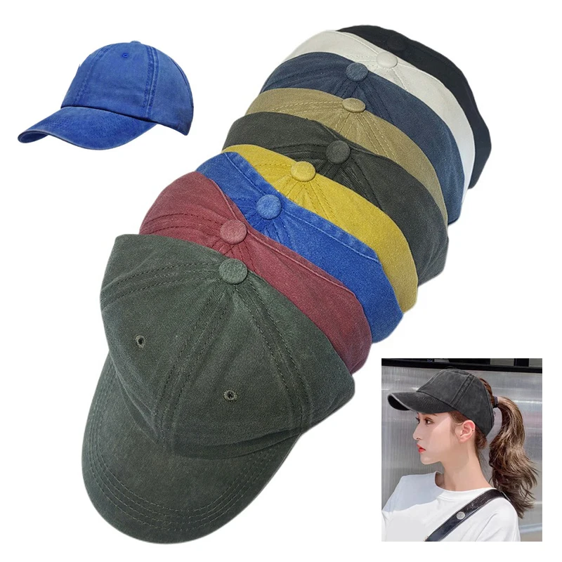 New Washed Cotton Baseball Caps for men and Women Adjustable Ponytail Hat Hollow Back Sun Hats Unisex Solid Color Snapback Hats