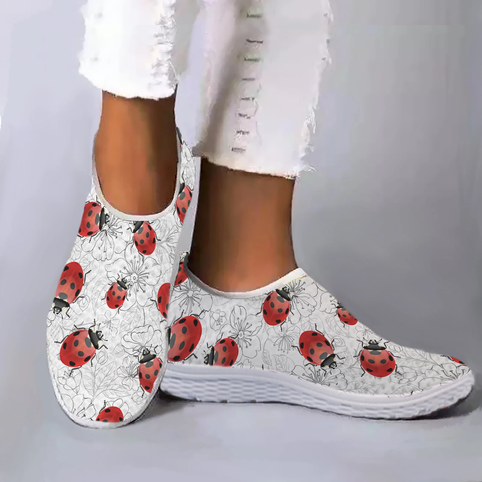 INSTANTARTS White Lightweight Seven Star Ladybug Pattern Design Mesh Sneakers Comfort Slip On Shoes Soft Leisure Shoes Zapatos