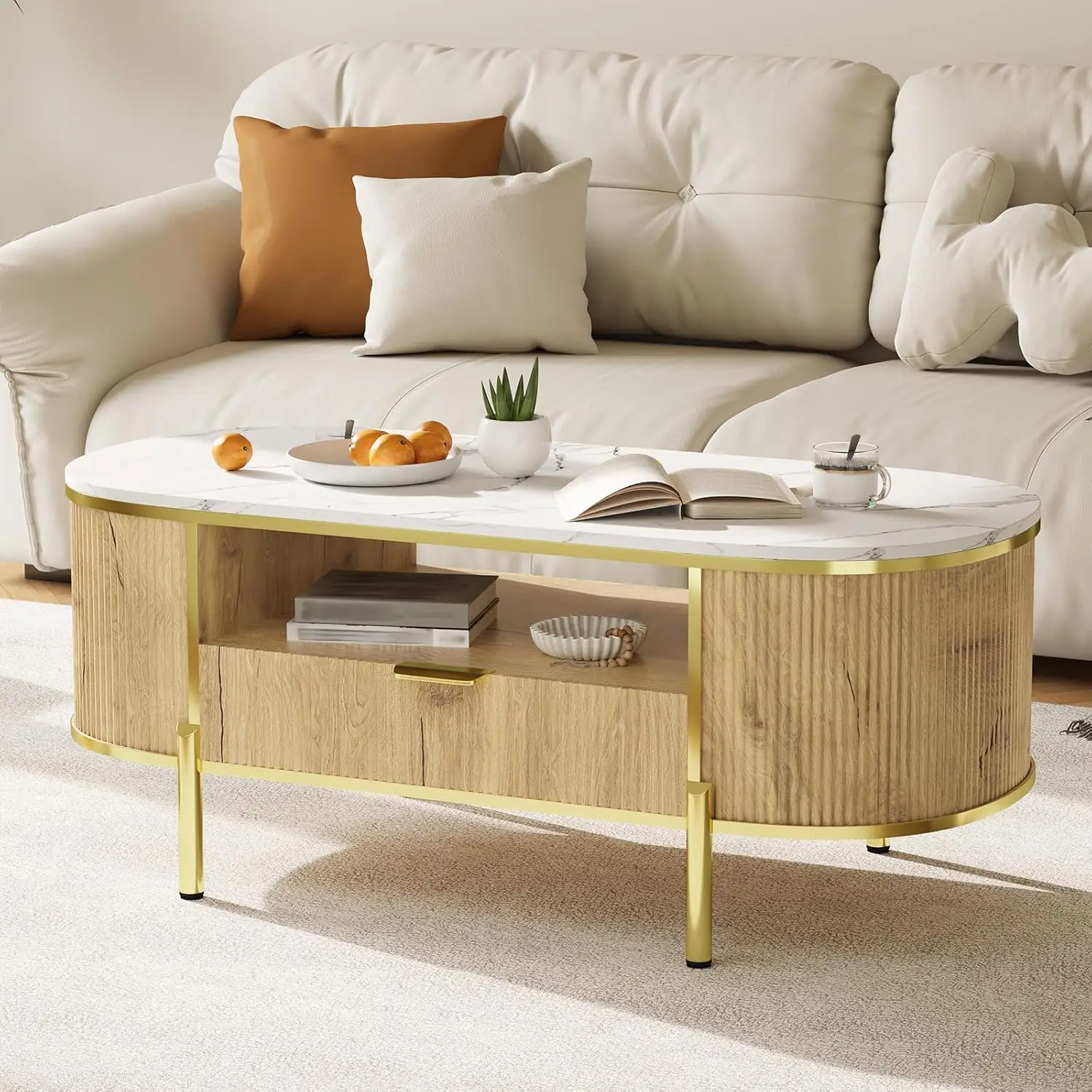 48in Modern Luxury Oval Coffee Table - Natural Oak Fluted Table with Faux Marble Top, Gold Metal Decor & Drawer