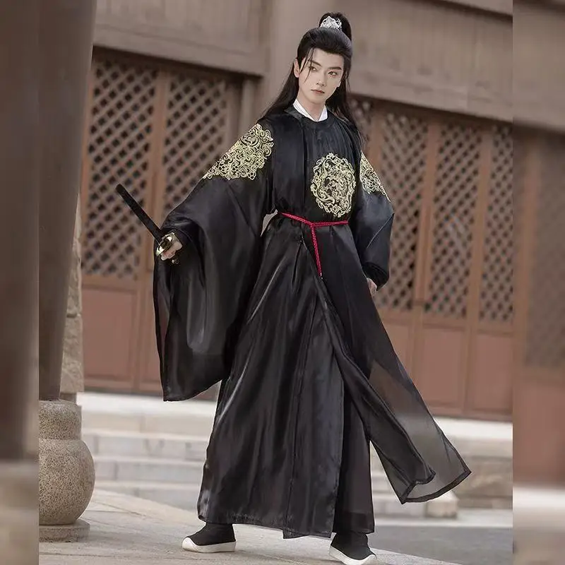 

Cool Black Royal Guards Hanfu Traditional Chinese Tang Dynasty Round Neck Robe Stylish Boys Halloween Knight Cosplay Outfits
