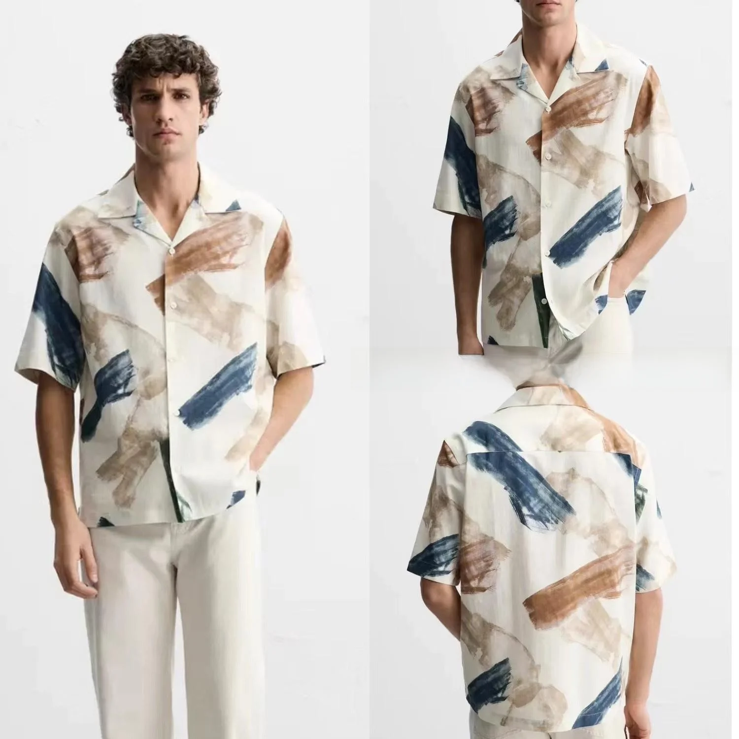 

Spring 2025 Men's Casual Loose Abstract Print ort Sve irt New Arrival Breathable Moisture ng Cuban Collar Button up